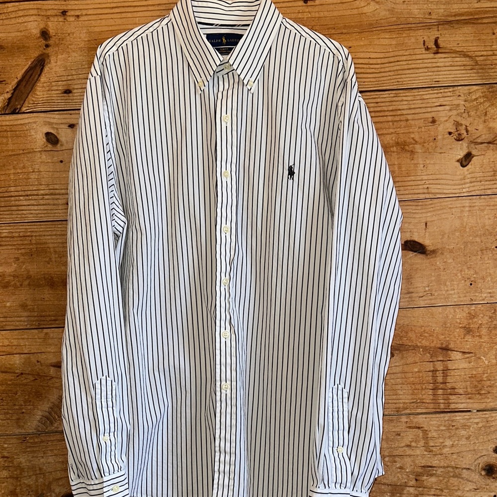 Ralph Lauren White Shirt with Navy Pinstripes - Classic Button-Down Slim Fit